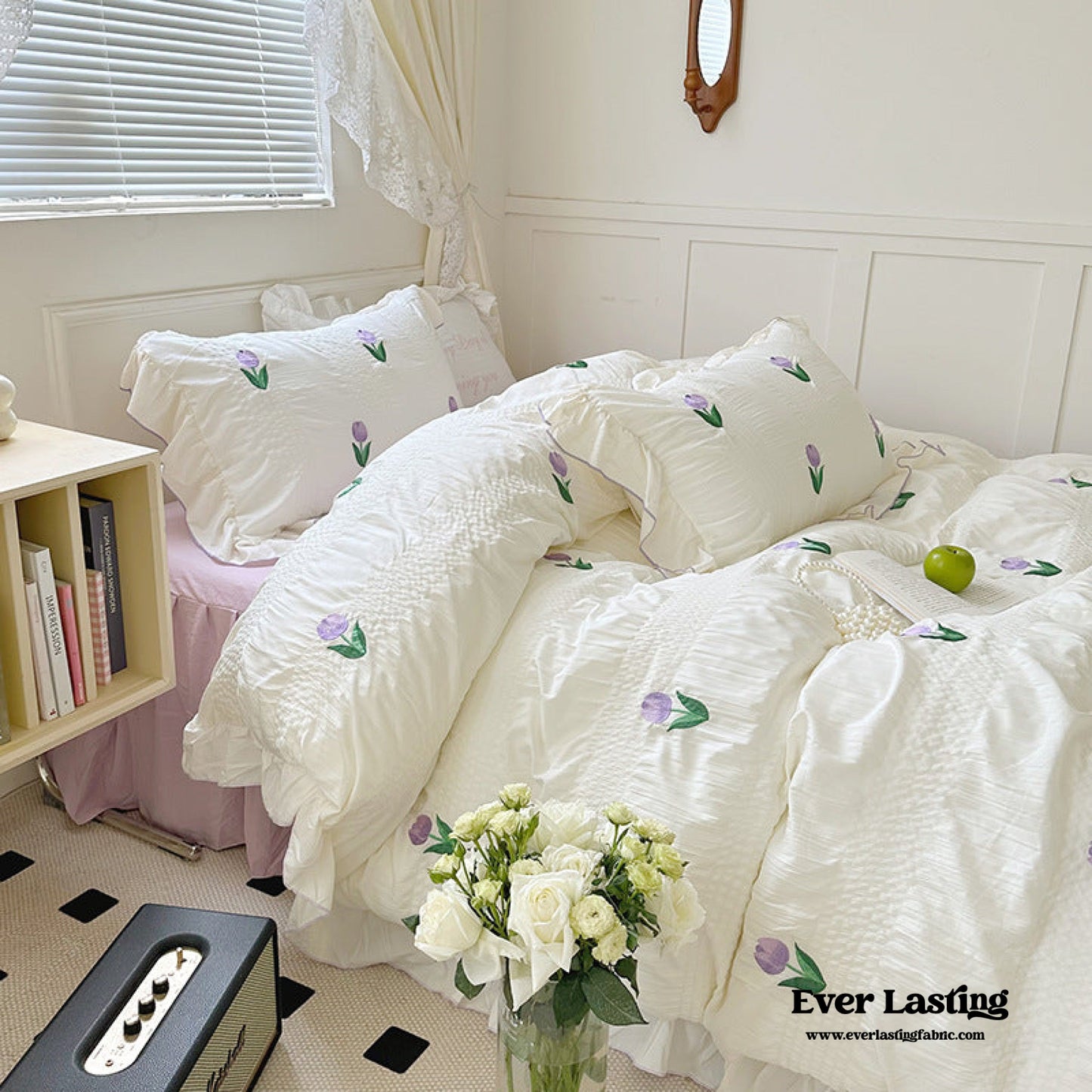Dreamy Embroidered Ruffle Bedding Set / Ribbon