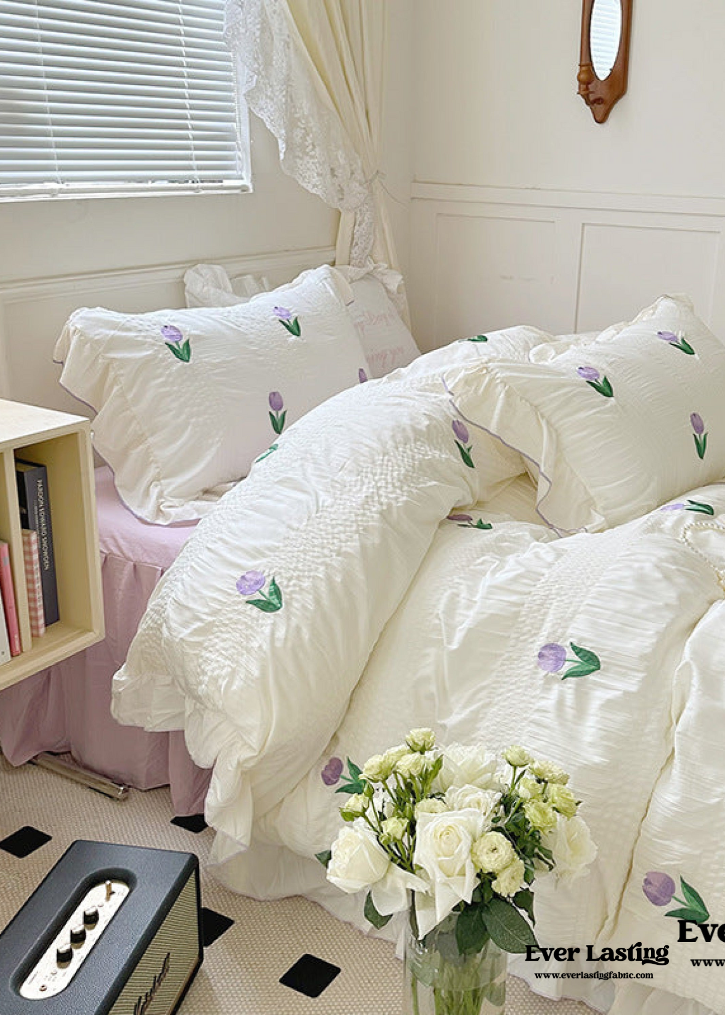 Dreamy Embroidered Ruffle Bedding Set / Ribbon