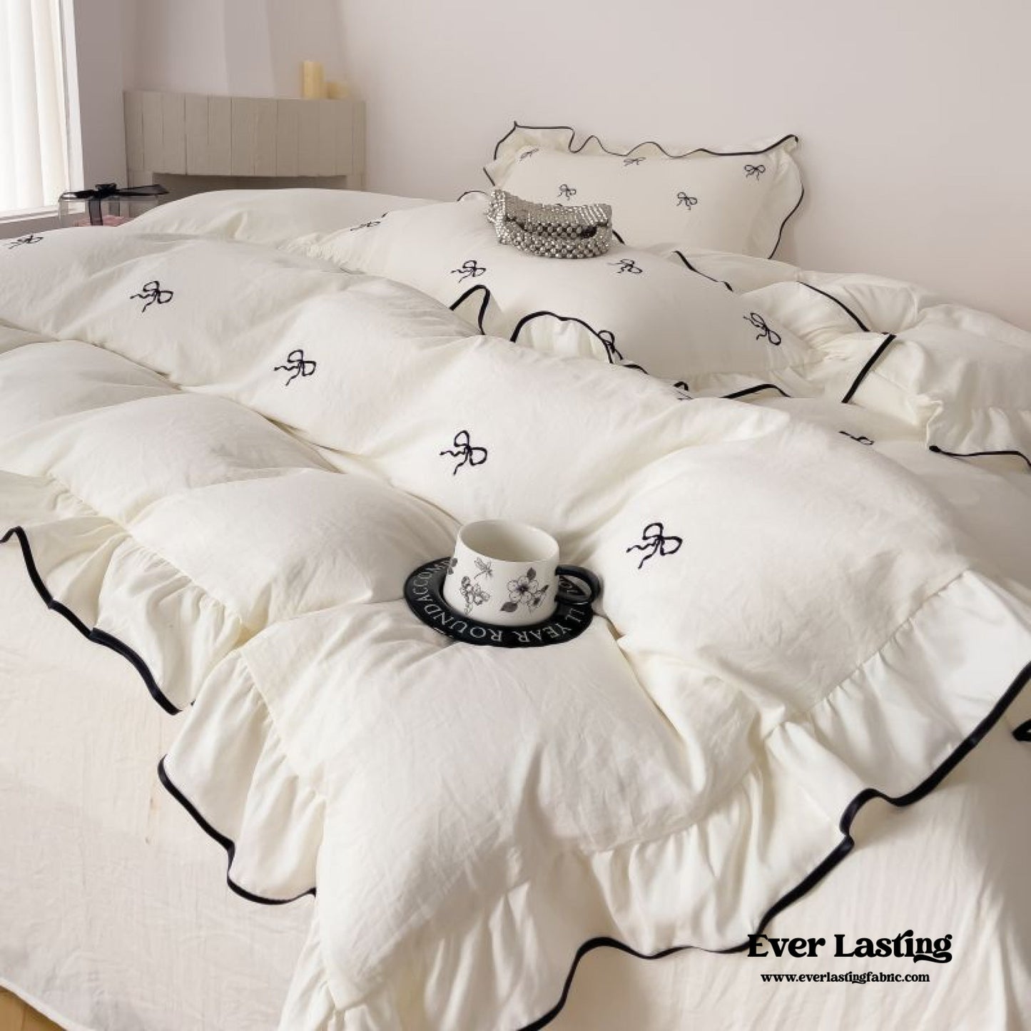 Dreamy Embroidered Ruffle Bedding Set / Ribbon