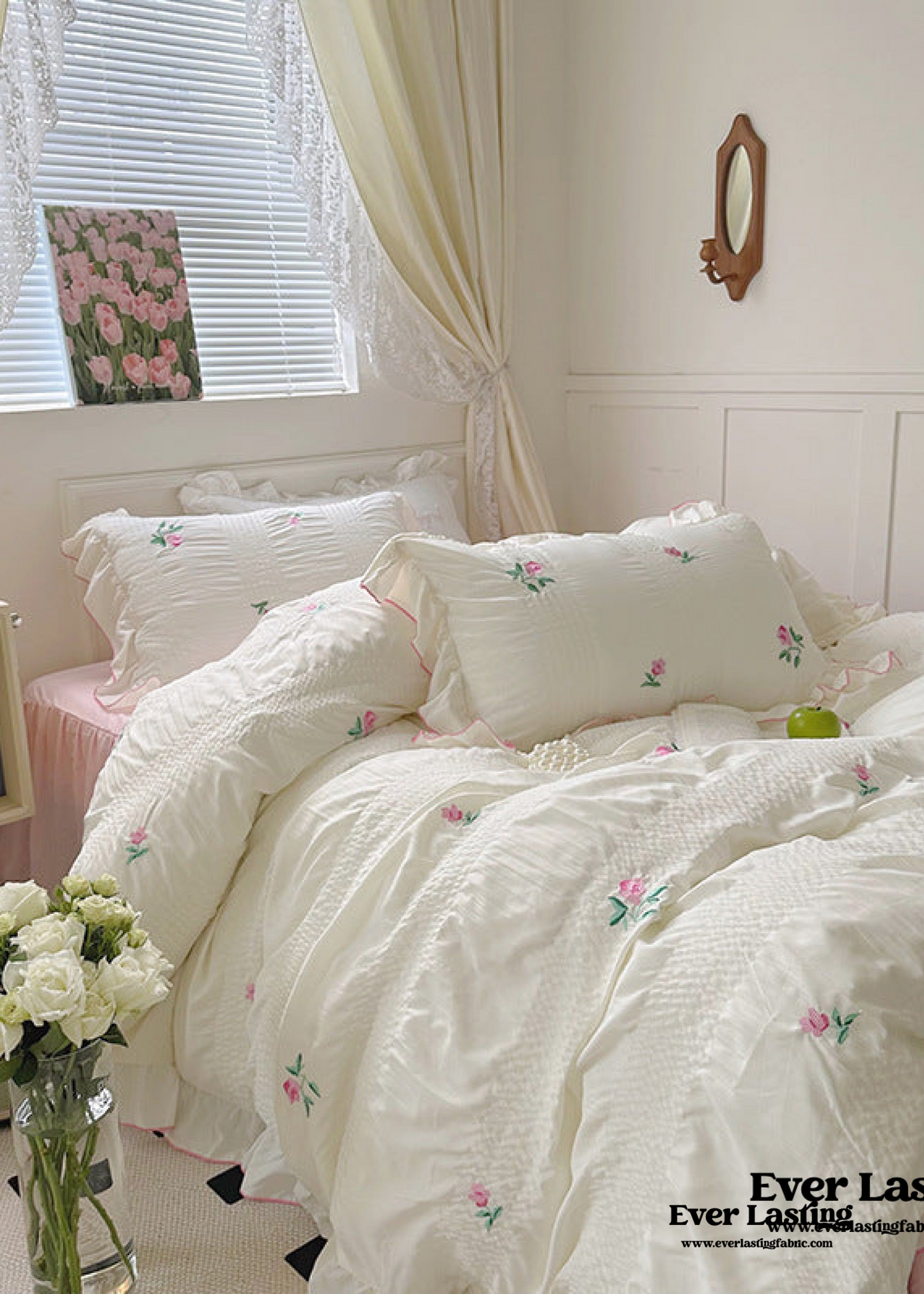 Dreamy Embroidered Ruffle Bedding Set / Ribbon