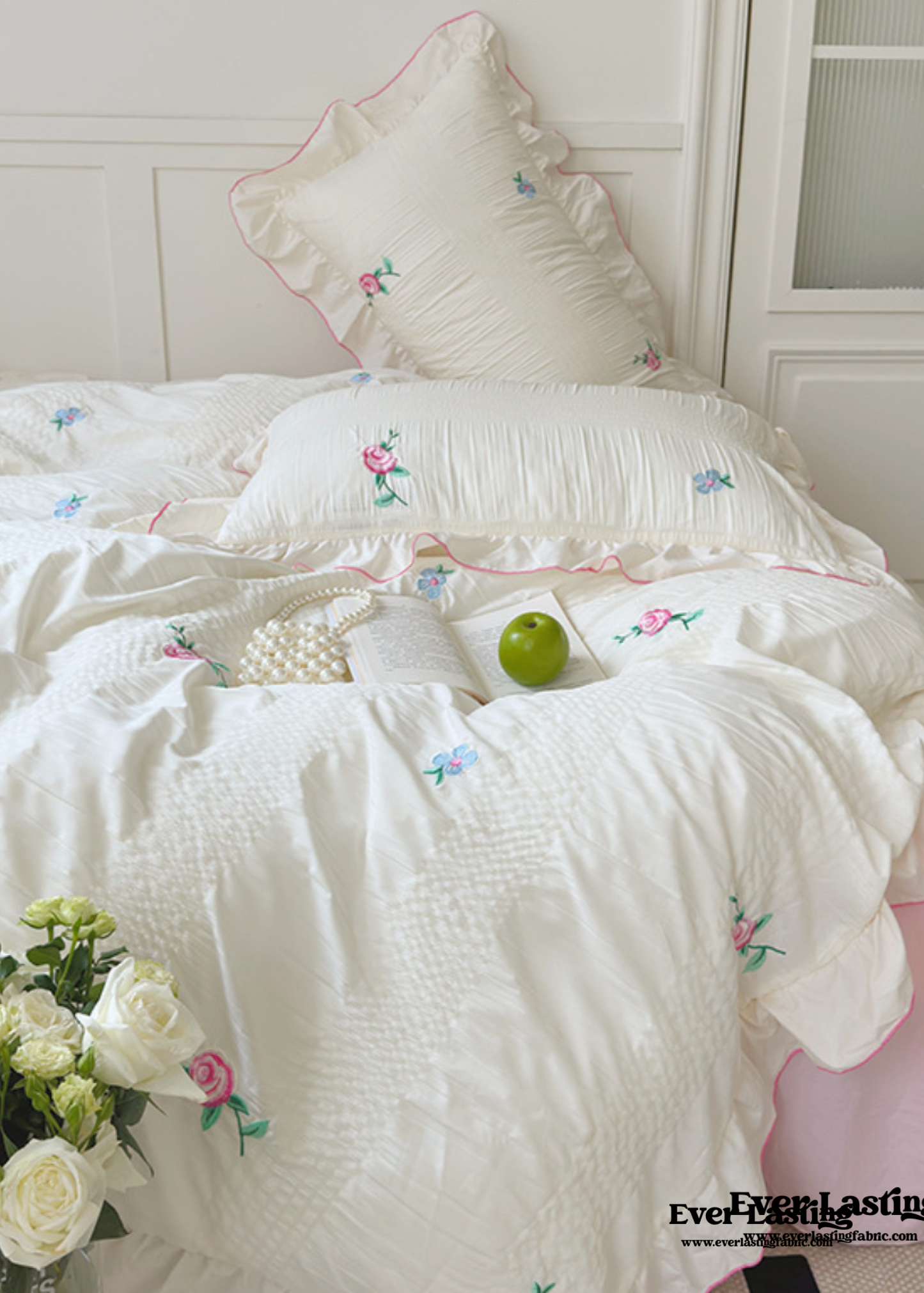 Dreamy Embroidered Ruffle Bedding Set / Ribbon
