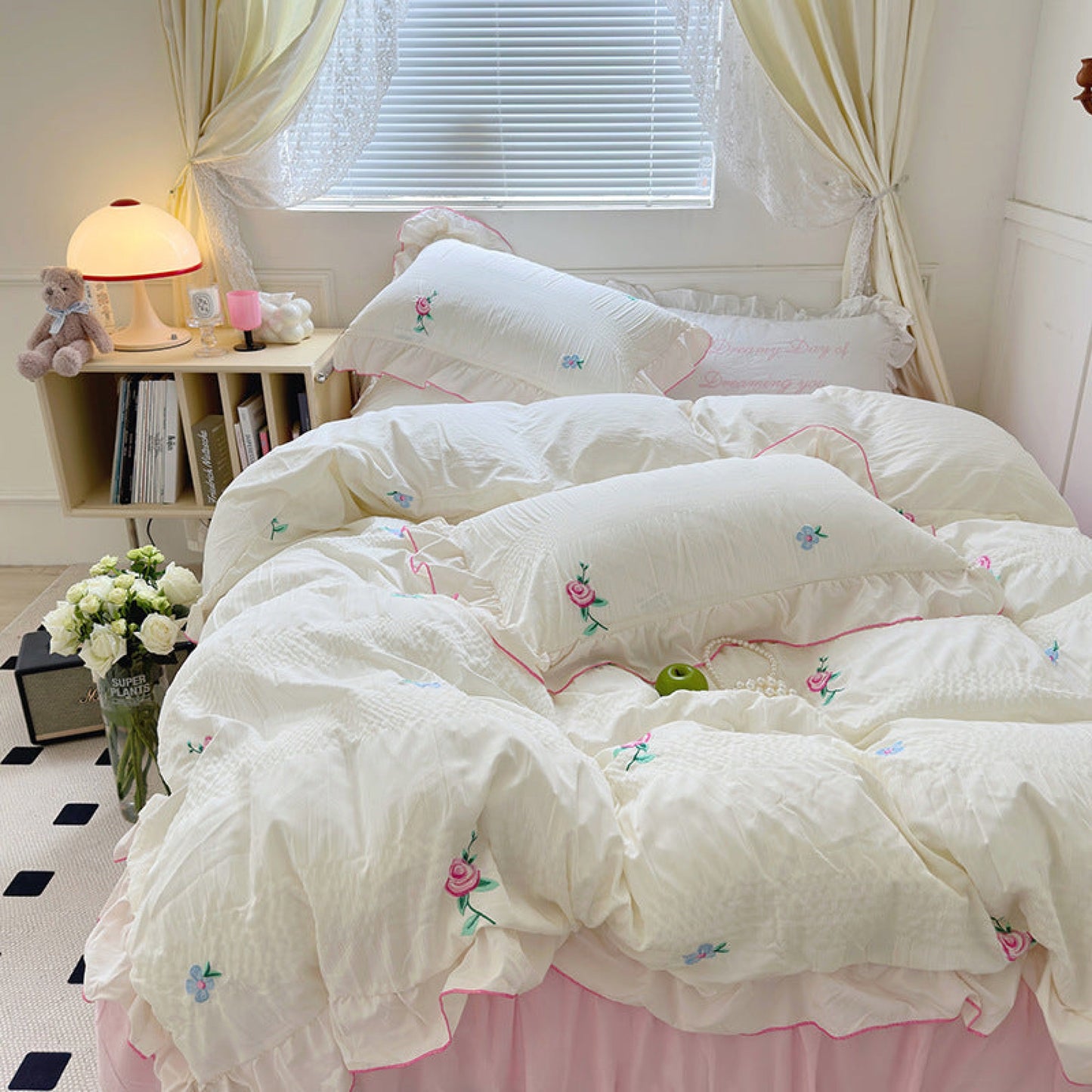 Dreamy Embroidered Ruffle Bedding Set / Ribbon