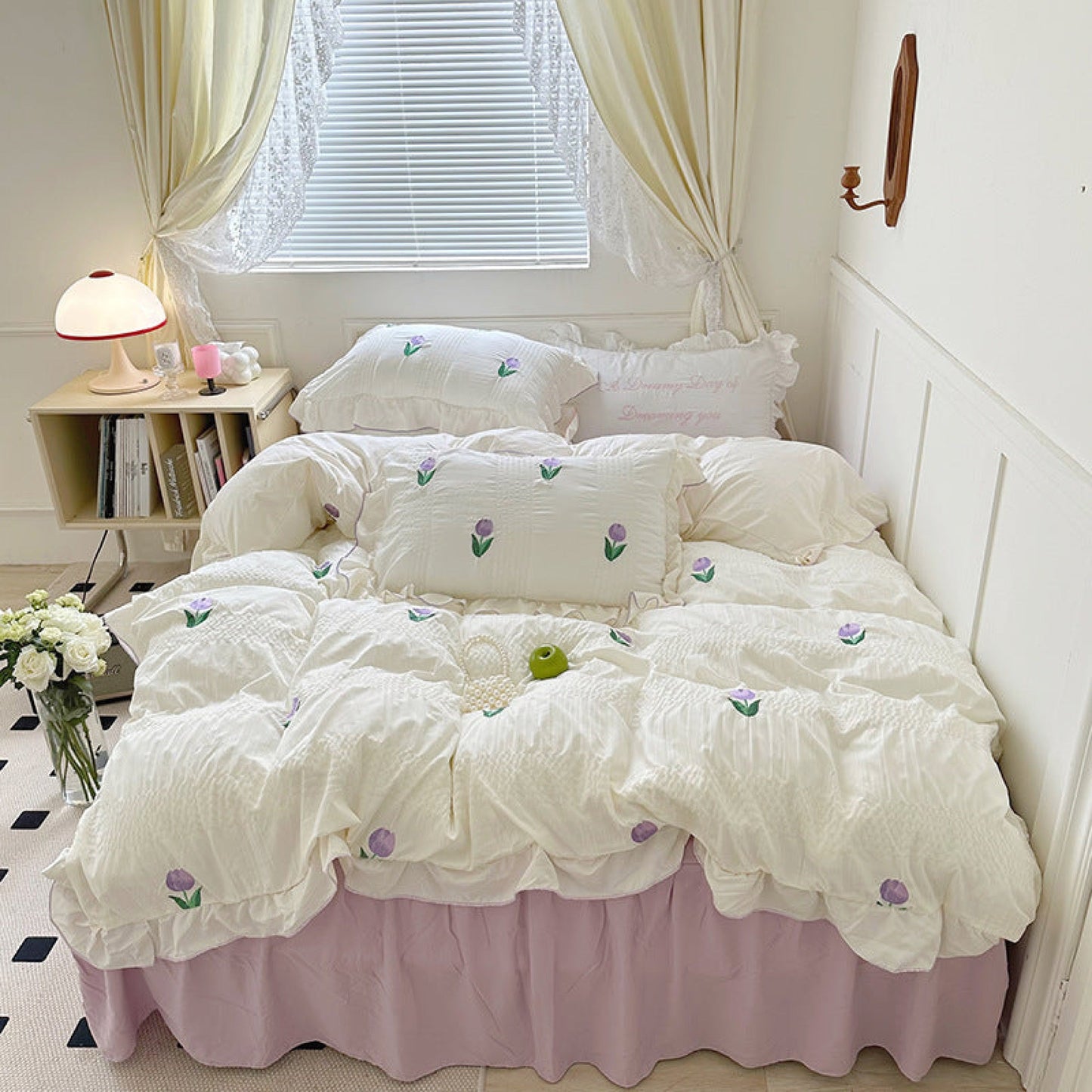 Dreamy Embroidered Ruffle Bedding Set / Ribbon