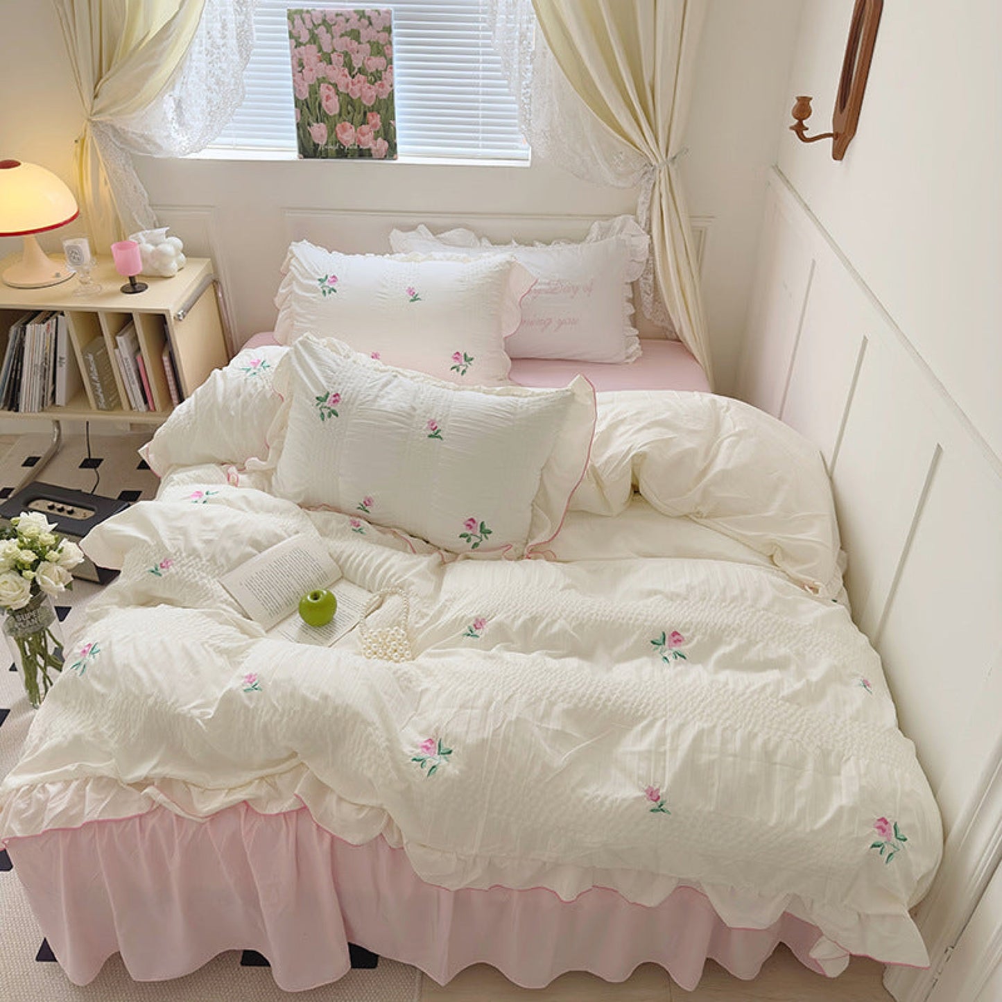 Dreamy Embroidered Ruffle Bedding Set / Ribbon