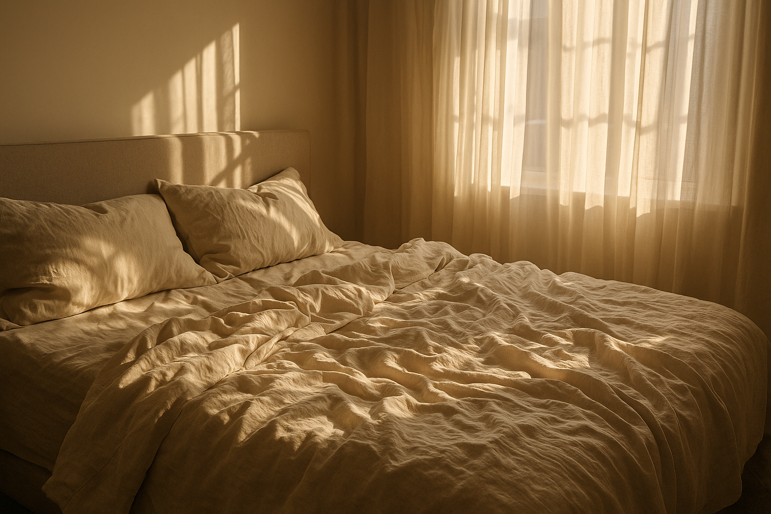 Editorial-style bed with wrinkled linen sheets, morning light filtering through sheer curtains (similar vibe to the curtain banner)