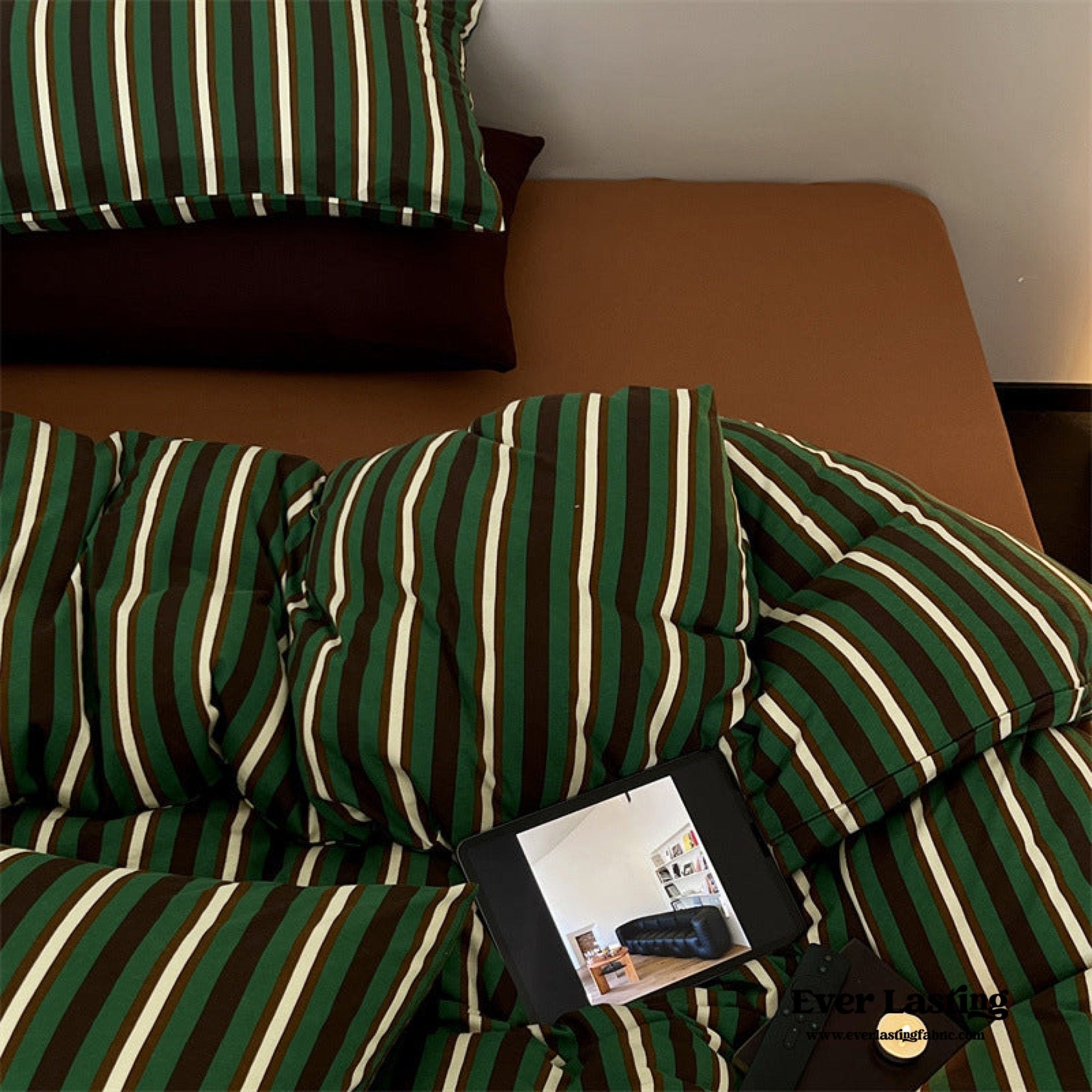 Ever Lasting° Jersey Knit Retro Stripe Bedding Set — Soft Cotton Blend, Green + Brown