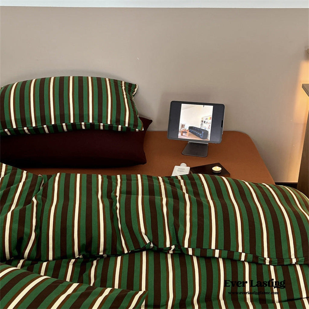 Ever Lasting° Jersey Knit Retro Stripe Bedding Set — Soft Cotton Blend, Green + Brown