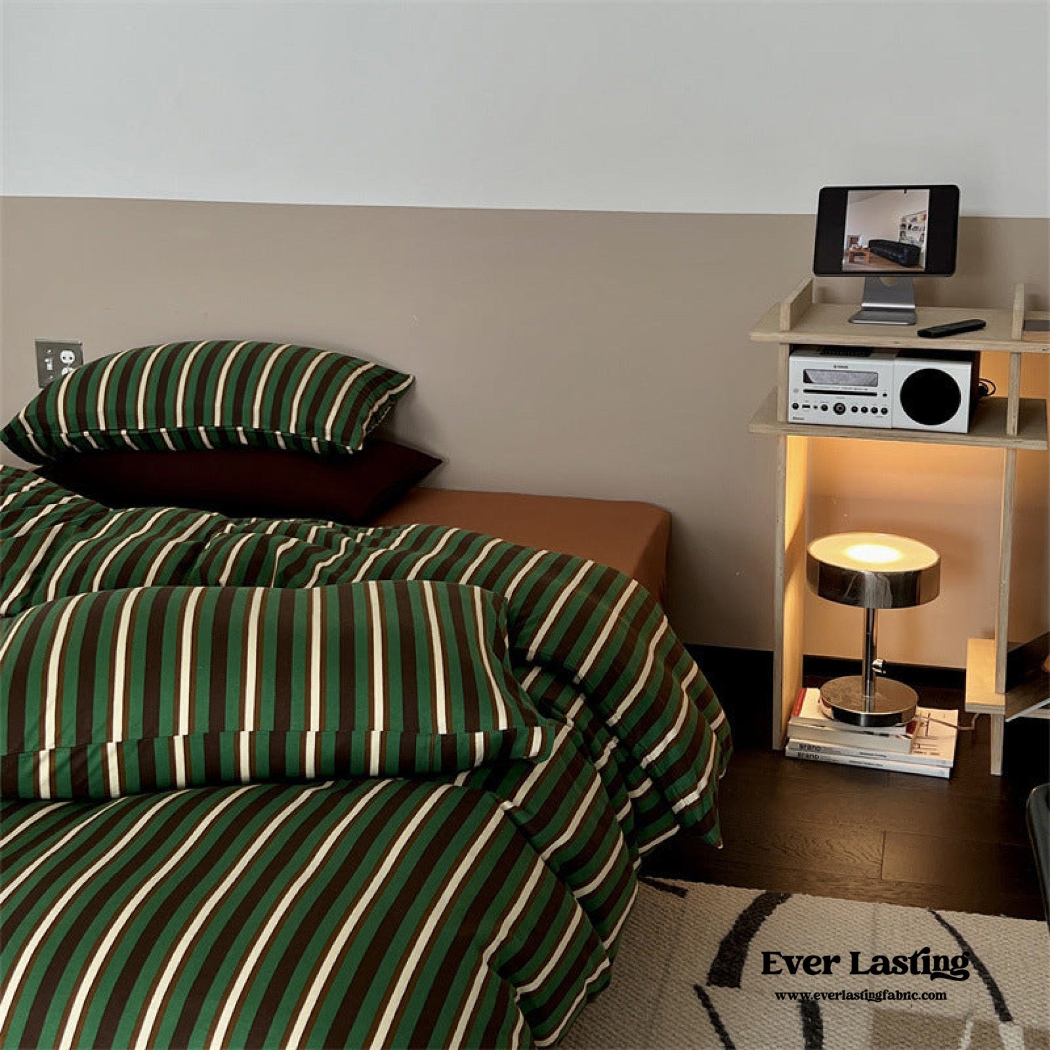 Ever Lasting° Jersey Knit Retro Stripe Bedding Set — Soft Cotton Blend, Green + Brown