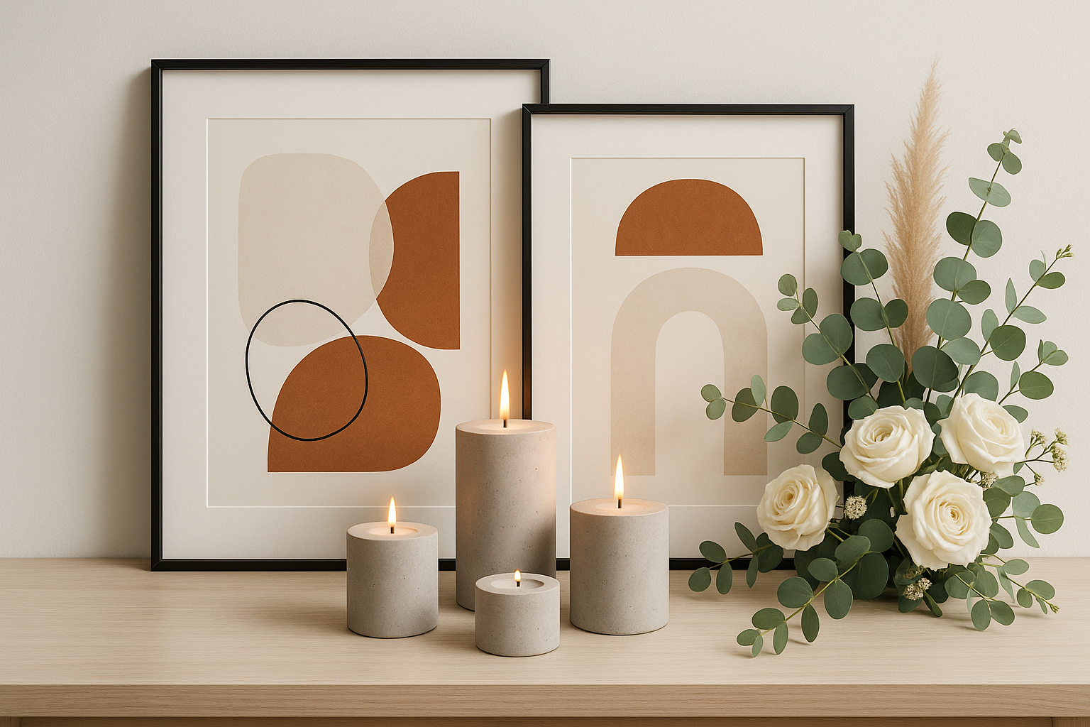 Mockups of your art paired with concrete candles and florals